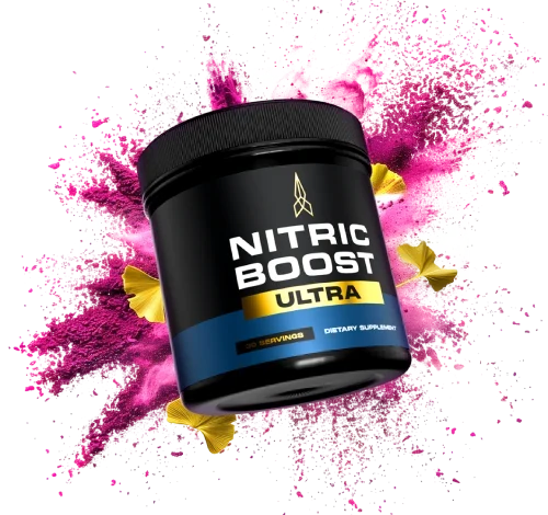 Nitric Boost Ultra jar of daily powder drink with a pink powder splash and ginkgo leaves
